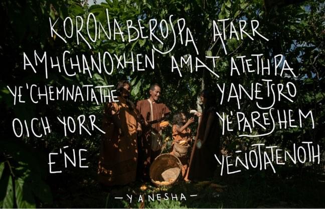 Indigenous Peruvian text sits atop a photo of a man and girl in a forest
