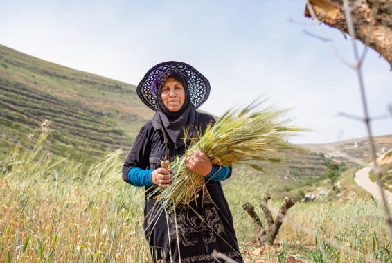 A woman holds a bundle of wheat and sickle