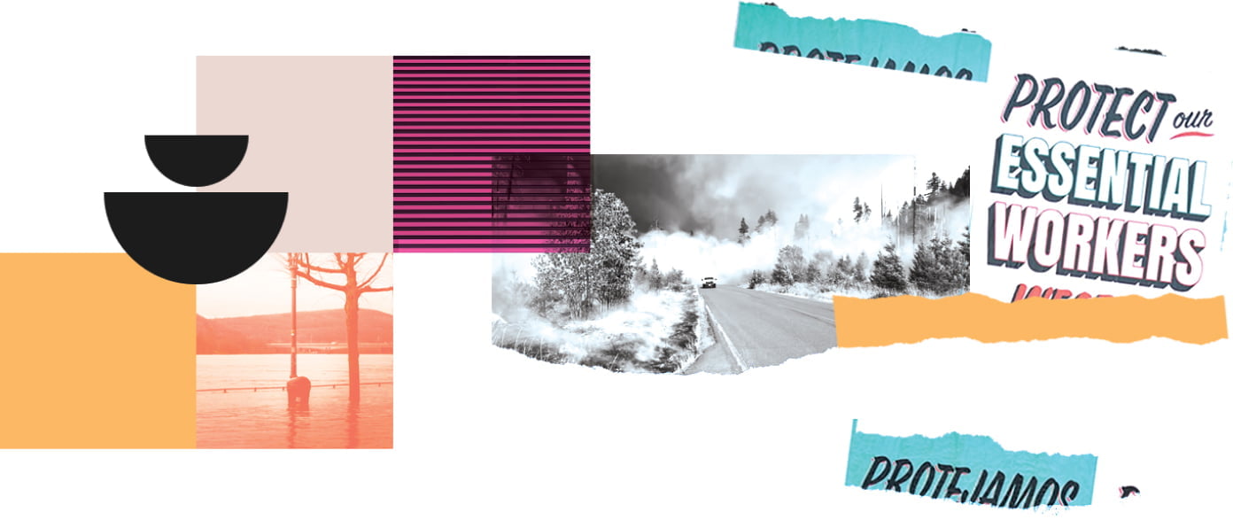 colorful collage including images of flooding and wildfires